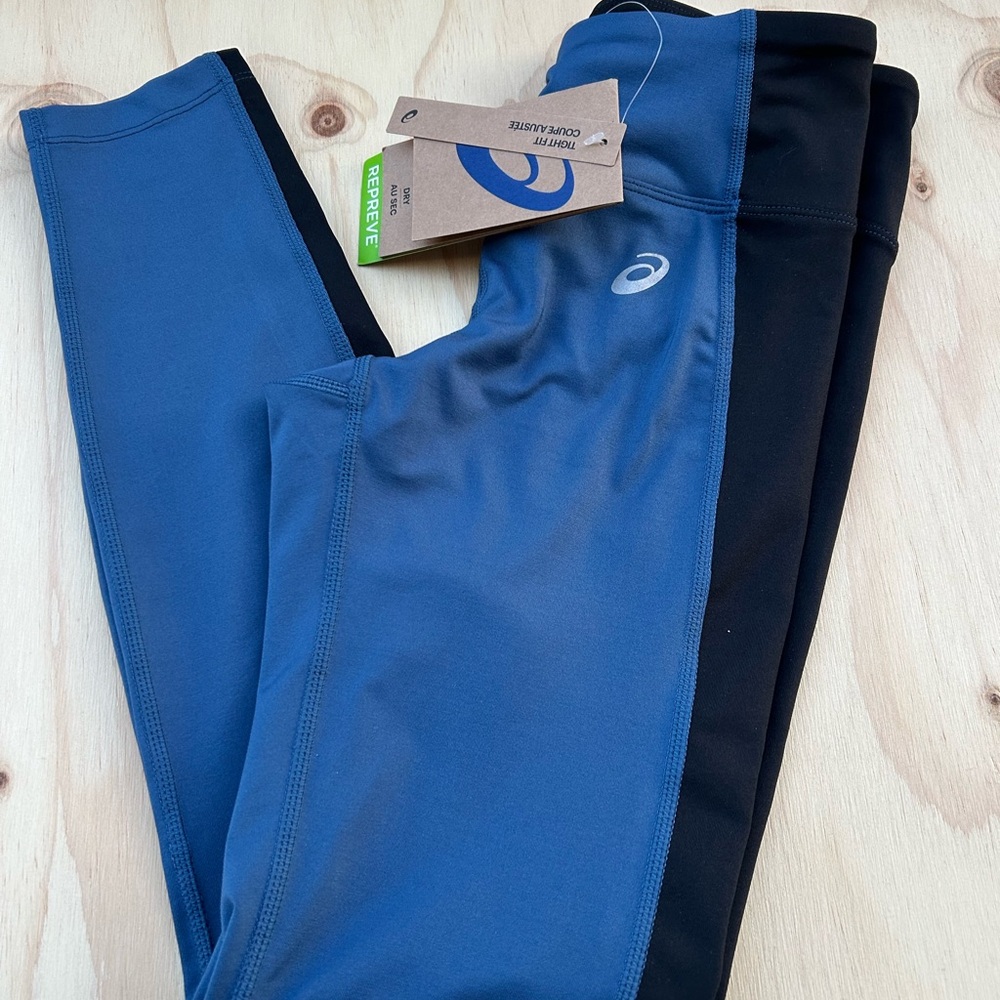 Asics Women Blue Black Tight Fit Repreve Moisture Wicking Athletic Leggings  XS